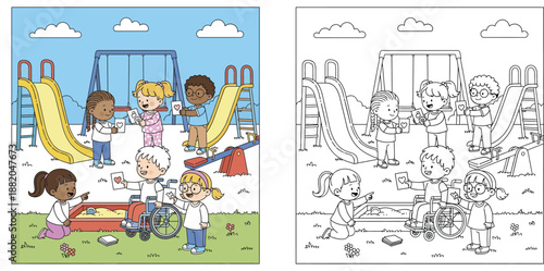 Diverse kids playing in playground including boy in wheelchair vector illustration for coloring book with color preview and black outline.