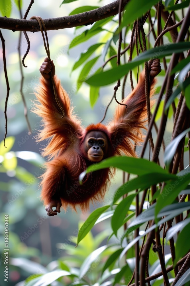 Obraz premium An orangutan swinging effortlessly arm over arm between heavy vines in a rainforest canopy.