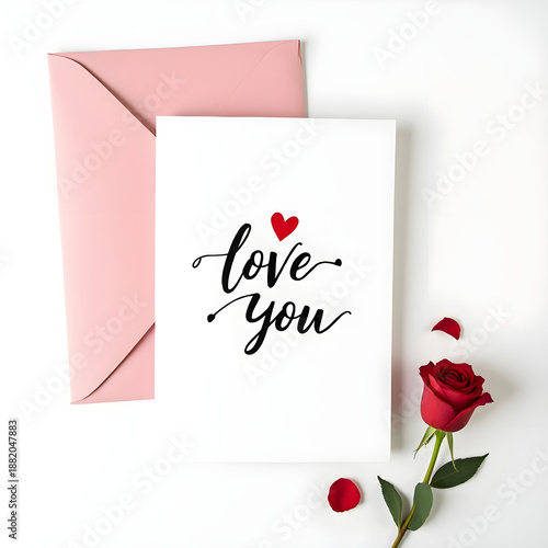 Love You Greeting Card Mockup with Rose and Pink Envelope on White Background - FB Post, Banner, Poster Design Image For Valentine, wedding, anniversary, love message
