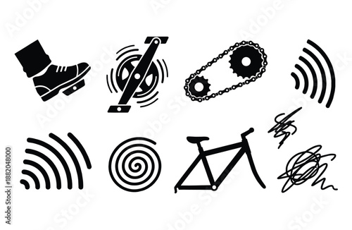 Set of bicycle parts and motion icons depicting cycling movement and machine elements