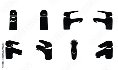 Collection of modern water faucet and tap icons shown from multiple different angles