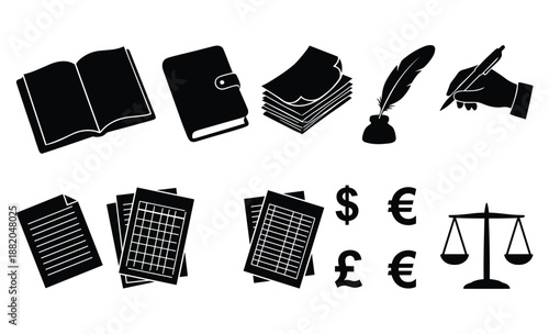 Business finance and accounting icons showing paperwork money symbols and balance scales