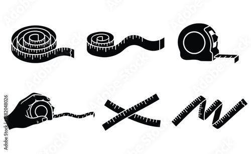 Various representations of flexible measuring tape tools for sewing crafting and construction