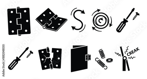 Hinge hardware icons set for door installation maintenance repair and building projects