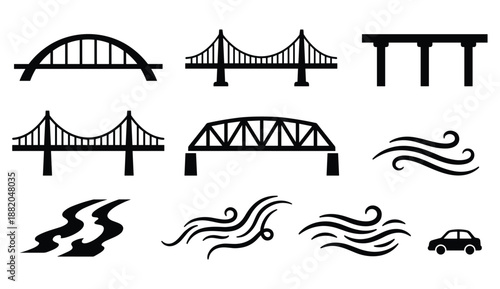Bridge engineering icons and environmental elements for infrastructure planning and design