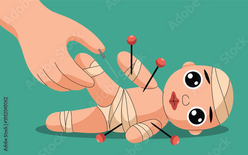 A hand holds a pin near a voodoo doll wrapped in bandages and pinned with red pins on a green background