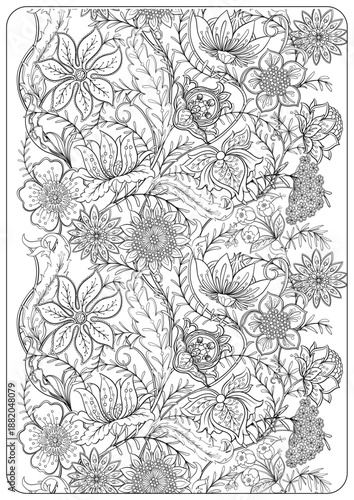 Floral coloring pages with paisley motifs, blooming flowers, leaves, curls and buds. Hand drawn vector line art, black and white monochrome illustration for adult and kids coloring.