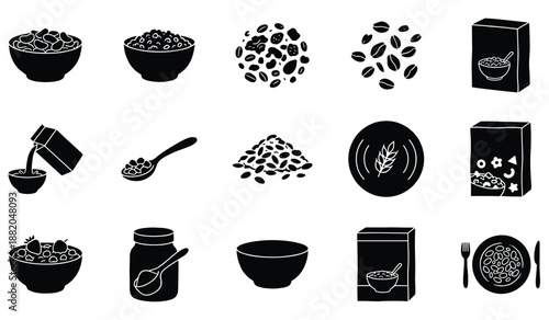 Breakfast cereal grain and pasta silhouette set with various types food ingredients