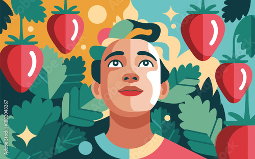 A young man standing amidst lush greenery surrounded by strawberries, looking upwards in a serene landscape