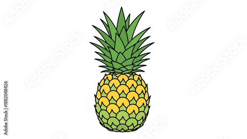 Vibrant Tropical Pineapple Fruit Illustration with Green Leaves and Yellow Skin.