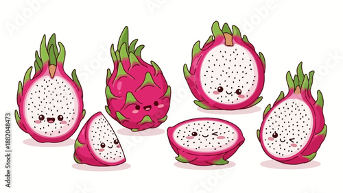 Cute Dragon Fruit Collection with Adorable Faces and Vibrant Colors.