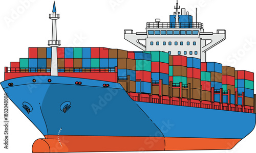 Container cargo ship illustration, global logistics transportation concept, freight shipping vessel with containers, maritime trade icon, isolated vector