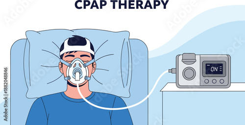 CPAP therapy illustration, sleep apnea treatment, patient with mask in bed, medical breathing device concept, flat vector illustration