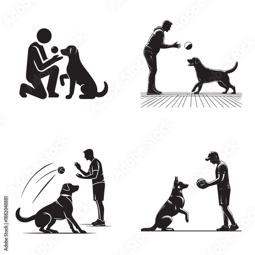 Man and dog playing with ball, graphic illustrations of training and fun activities