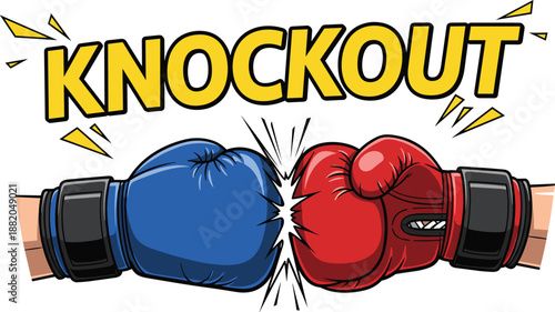 Boxing knockout fight illustration, boxing gloves collision impact, comic sports action concept, competition victory moment, isolated white background, flat vector illustration