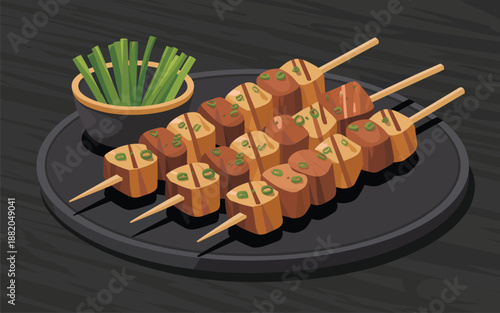Sushi rolls on sticks with green garnish served on a dark plate