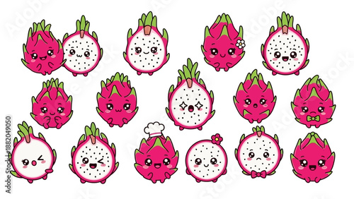 Cute Dragon Fruit Cartoon Characters with Various Kawaii Expressions.