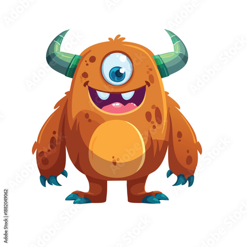 A cartoon monster with one eye and big horns is smiling in transparent background 