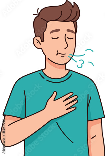 Breathing exercise cartoon illustration, calm person exhaling, stress relief pose, mindfulness health concept, respiratory wellness graphic, flat vector illustration