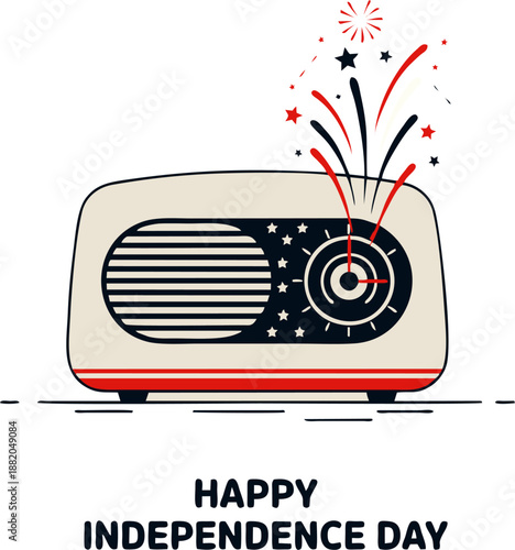 Vector illustration of vintage radio with American flag design and fireworks bursting from dial, featuring “Happy Independence Day” text, ideal for patriotic visuals, holiday decor, and nostalgic cele