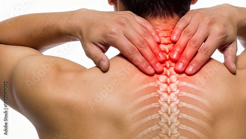 Man suffering from upper back and neck pain with spine highlighted