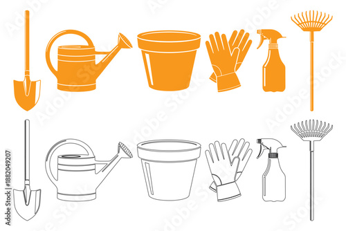 Gardening tools collection with watering can shovel rake and gloves vector illustration kit