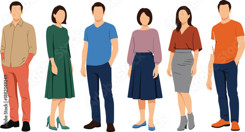 Flat design illustration of six diverse individuals in casual and semi‑formal outfits, symbolizing fashion variety, lifestyle diversity, individuality, and modern style