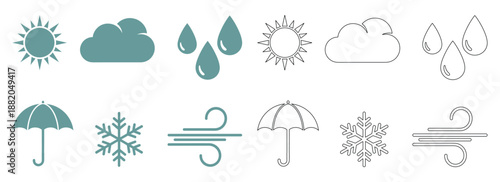Set of weather icons sun cloud rain umbrella snowflake wind simple illustration vector