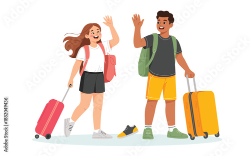Two travelers waving goodbye while walking with luggage, capturing a moment of departure and travel adventure