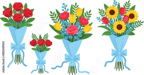 Collection of floral bouquets with red roses, yellow tulips, sunflowers and blue daisies, romantic flower arrangements for wedding invitations and greeting card designs,