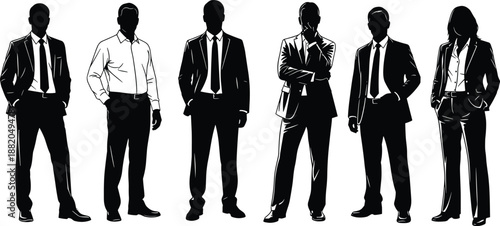 Professional business team silhouettes in corporate attire standing together, symbolizing teamwork, leadership, diversity, and modern executive workplace collaboration
