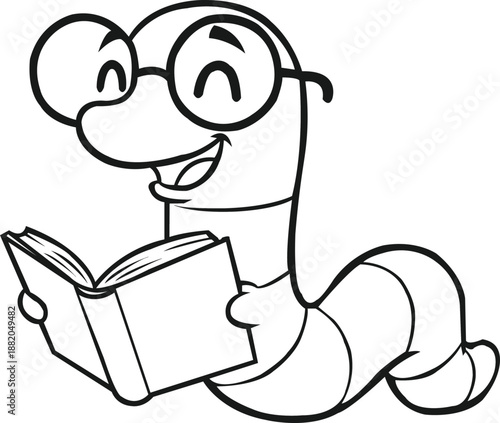 A cute minimalist cartoon worm wearing oversized round glasses, happily reading an open book