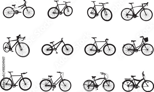 Assortment of Black Silhouette Bicycles and Mountain Bikes on White Background bicycle silhouette mountain bike silhouette