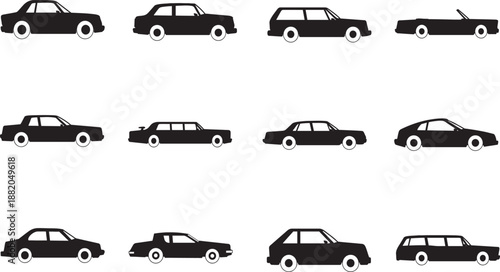 Variety of Black Silhouette Cars and Station Wagons on White Background car silhouette sedan silhouette
