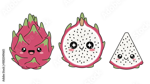 Three Cute Dragon Fruit Characters with Happy Faces.