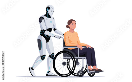 A robot assists a person in a wheelchair, providing support and mobility aid in a simple, illustrated scene.
