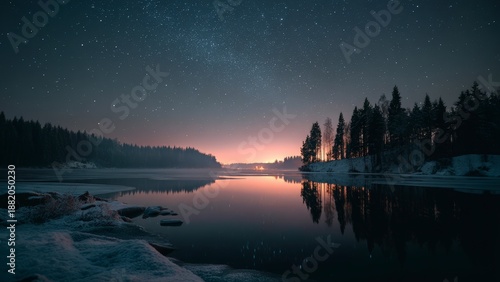Night Sky Reflected on Icy Lake
