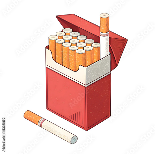 Red cigarette box illustration with cigarettes isolated on transparent background