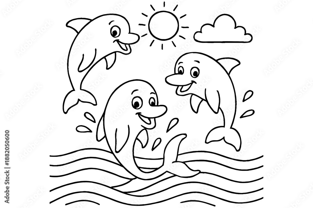 Obraz premium Dolphins Leaping – Kid-Friendly Coloring Book Vector