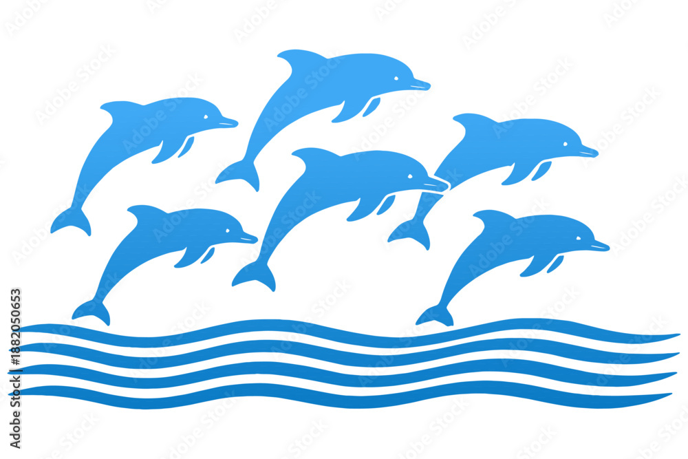 Obraz premium dolphin jumping in water, Dolphins Surfacing to Breathe in Peaceful Bay Vector