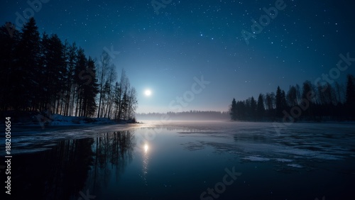 Peaceful Winter Night by Frozen Water
