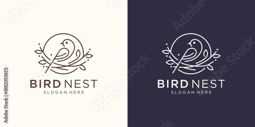 bird's nest illustration with leaf line minimalist. birdhouse symbol logo Vector illustration.