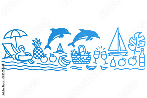 vector illustration of a summer beach,
Dreamy Summer Vacation Vibes with Dolphins – Travel Leisure Illustration
