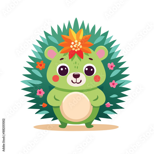 A cute cartoon bear with a flower on its head standing in front of a green bush with pink and orange flowers in transparent background 