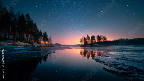 Night Reflection on Frozen Lake