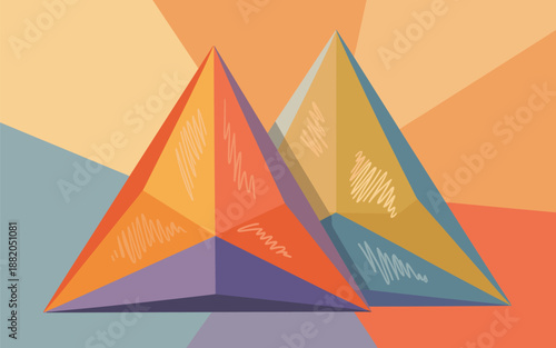 Geometric shapes illustration featuring pyramids in vibrant colors against a multicolored background from a frontal viewpoint