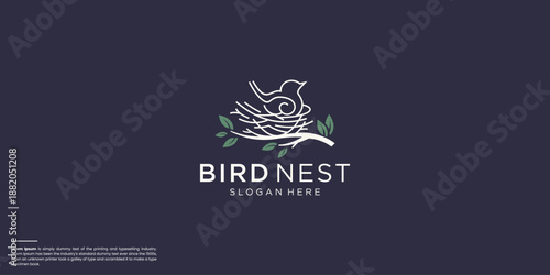 natural bird's nest logo with beautiful roots and leaves symbols.