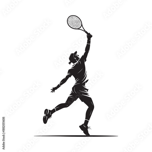 tennis player swinging racket upwards in a dynamic action pose silhouette