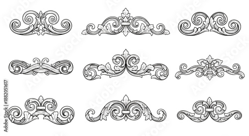 Elegant collection of nine hand-drawn vintage rococo and baroque style decorative ornamental design elements, perfect for classic embellishments.