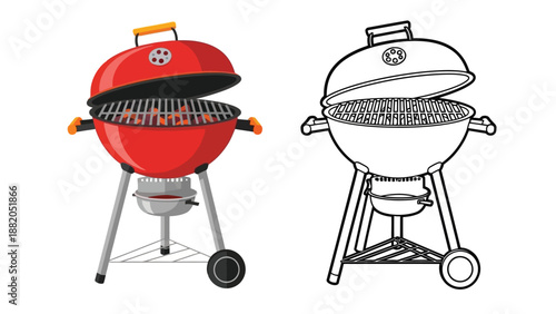 two charcoal grills one in color and one black and white isolated on white